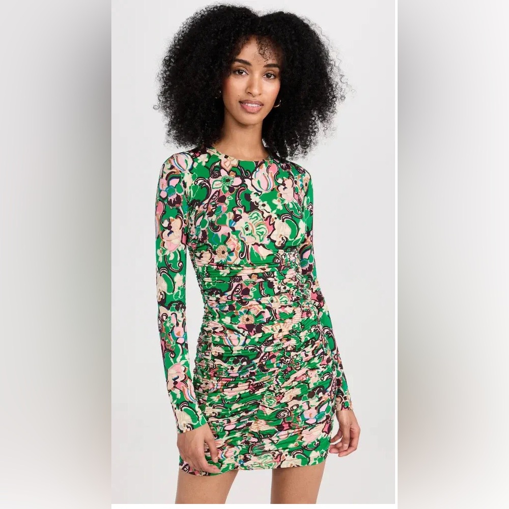 NWT A.L.C. Kiki Green Floral Ruched Stretch Dress Size Large - Picture 3 of 11